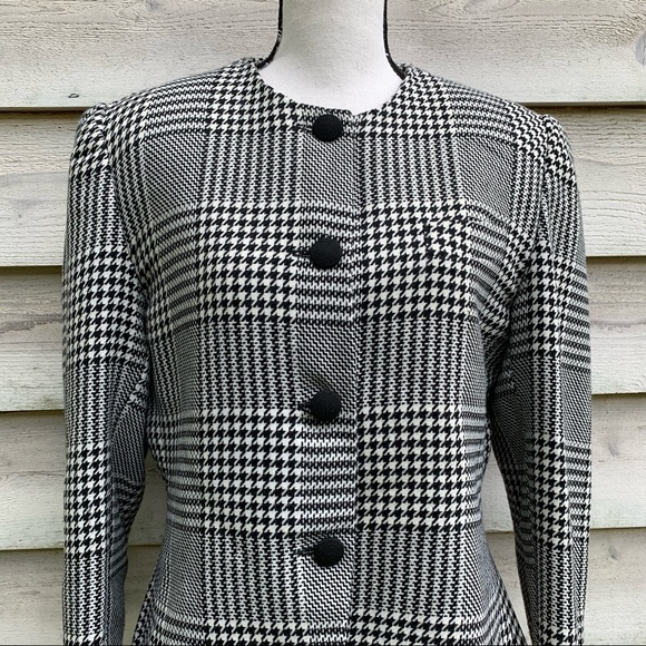 Vintage 80s Wool Blend Plaid Houndstooth Button Up Long Sleeve Collarless Blazer - Picture 7 of 16